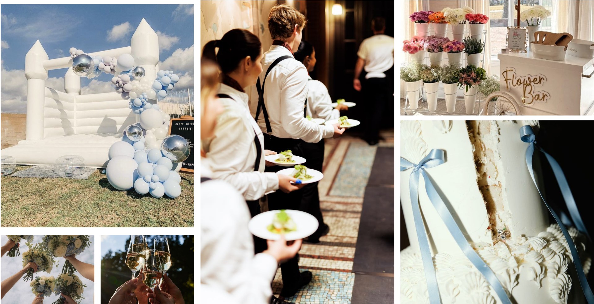 Collage of celebration scenes: bounce house, catering, flower bar and wedding cake